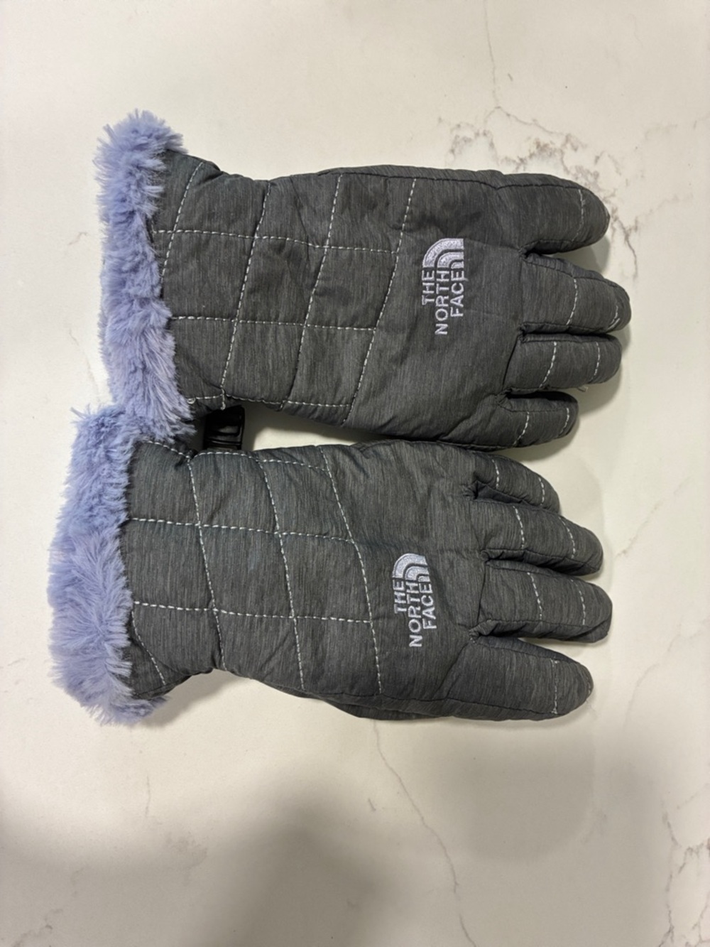 The North Face Gray Quilted Gloves with Lavender Faux Fur Trim